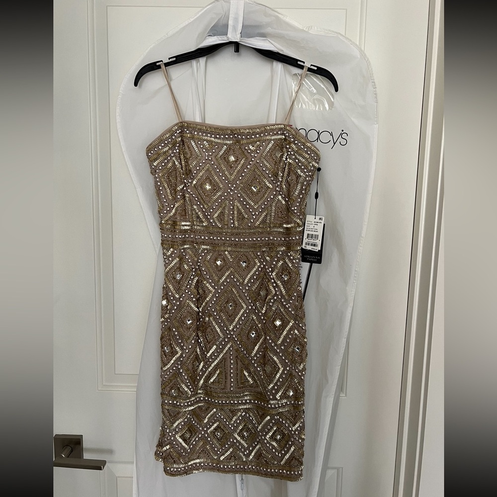 Adrianna Papell Beaded gown dress. gold Great Gatsby Dress